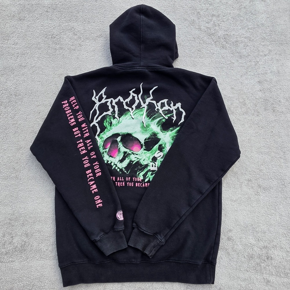 Broken Promises Hoodie Mens Medium Black Green Flaming Skull Problems Pullover - Picture 2 of 11